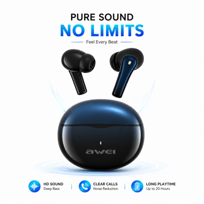 Awei T62 True Wireless Earbuds – Bluetooth 5.3 TWS with 4-Mic ENC Noise Cancelling, 10mm Drivers, IPX5 Waterproof & 300mAh Case